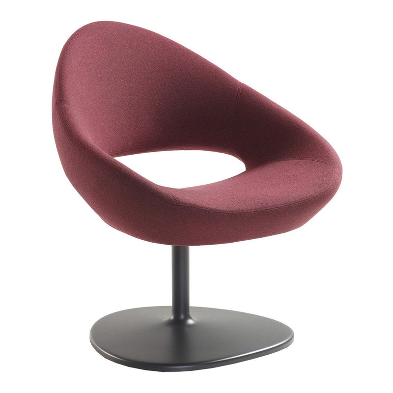 Modern burgundy swivel chair with a sleek black base and smooth, curved fabric upholstery. Ideal for contemporary decor.