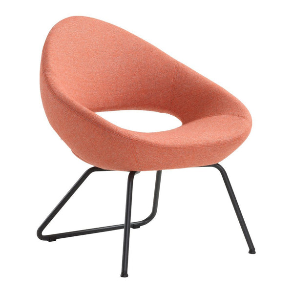 Modern coral accent chair with a minimalist design and a black metal base, featuring a smooth, curved shape.