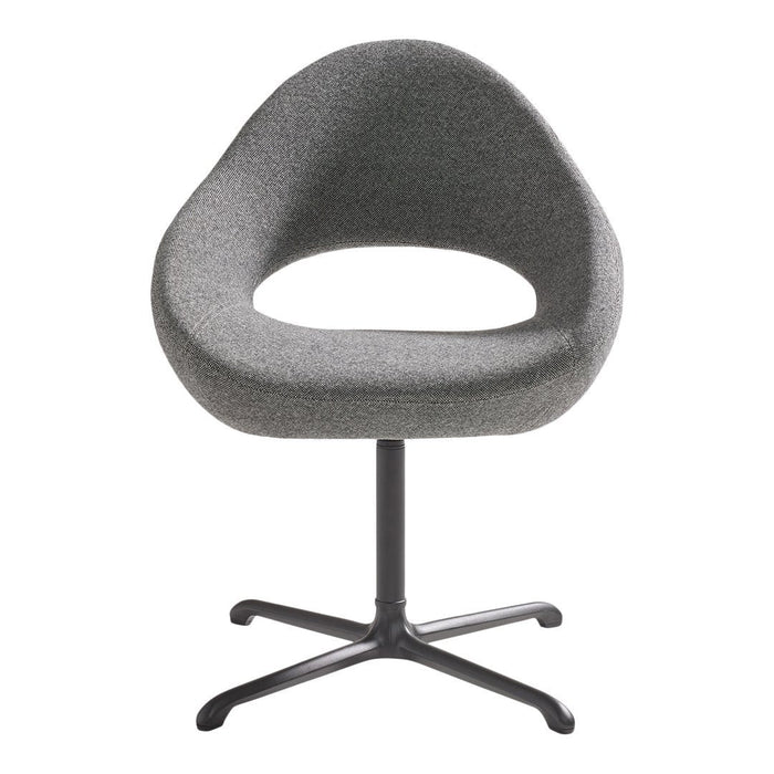 Gray upholstered chair with a smooth, rounded silhouette and a minimalist black base. Perfect for modern decor.