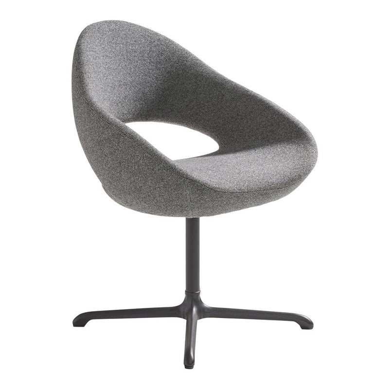 Gray upholstered chair with a soft texture and smooth, modern curves, featuring a sleek black base.