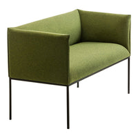 Green upholstered loveseat with a sleek design and black metal legs, featuring a simple, modern pattern.