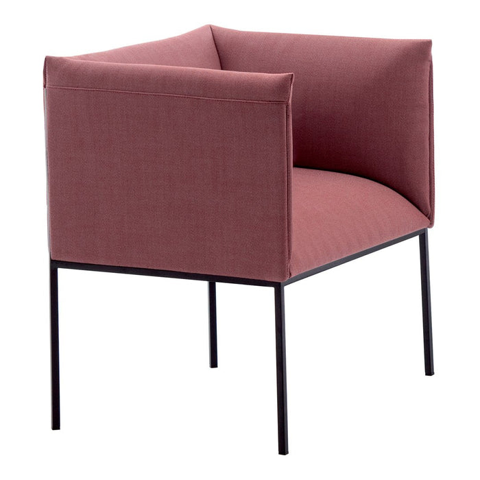 Stylish pink upholstered chair with a minimalist black metal frame and a smooth, clean design.