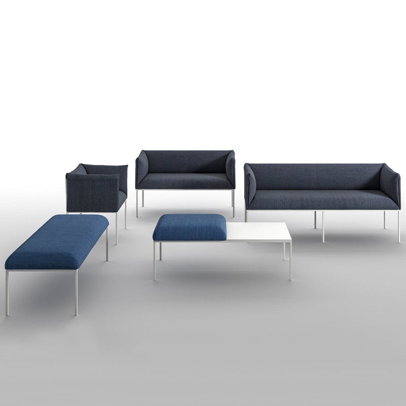 Modern lounge furniture set in deep navy blue with sleek white accents and minimalist design.