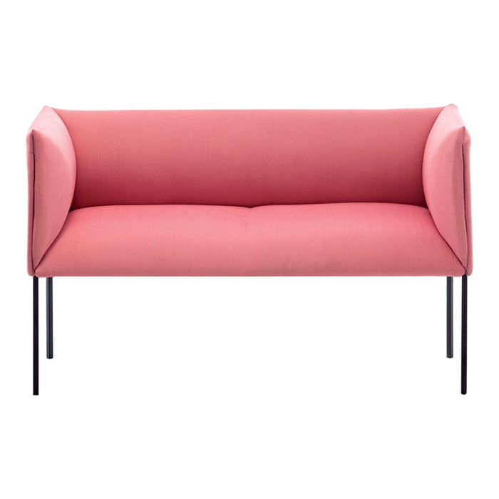 Modern pink loveseat with smooth fabric and sleek black metal legs, perfect for contemporary decor.