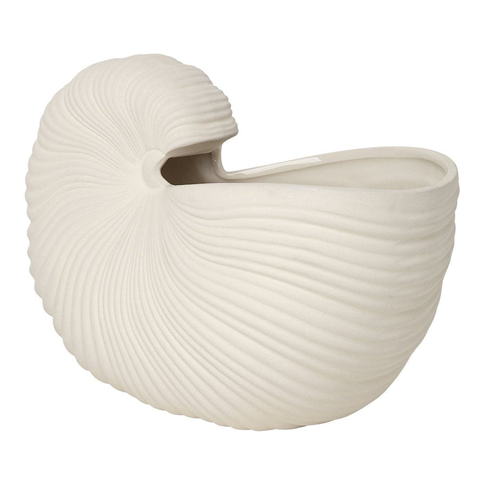 White spiral shell planter with textured ridges, perfect for modern decor. Smooth finish adds a minimalist touch.