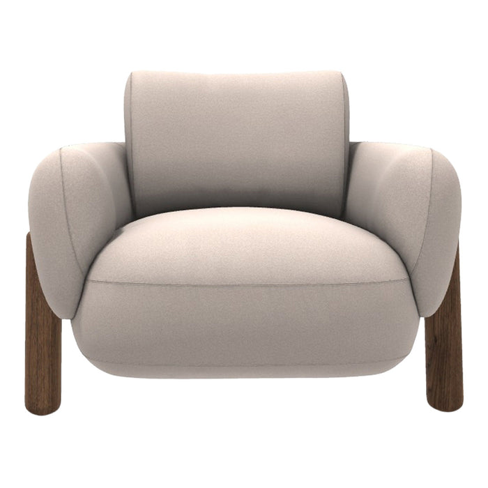 Modern light gray armchair with smooth fabric and wooden legs, featuring a minimalist design and soft curves.