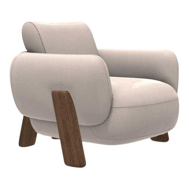 Cream upholstered chair with sleek, rounded arms and rich wooden legs for a modern, minimalist look.