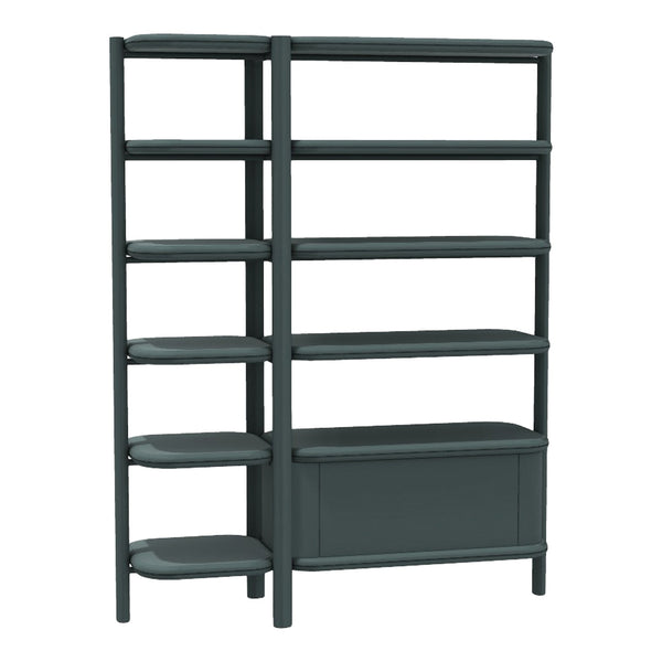 Dark green modern shelving unit with sleek lines and smooth surfaces. Ideal for stylish storage solutions.