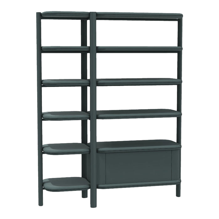 Dark green modern shelving unit with sleek lines and smooth surfaces. Ideal for stylish storage solutions.