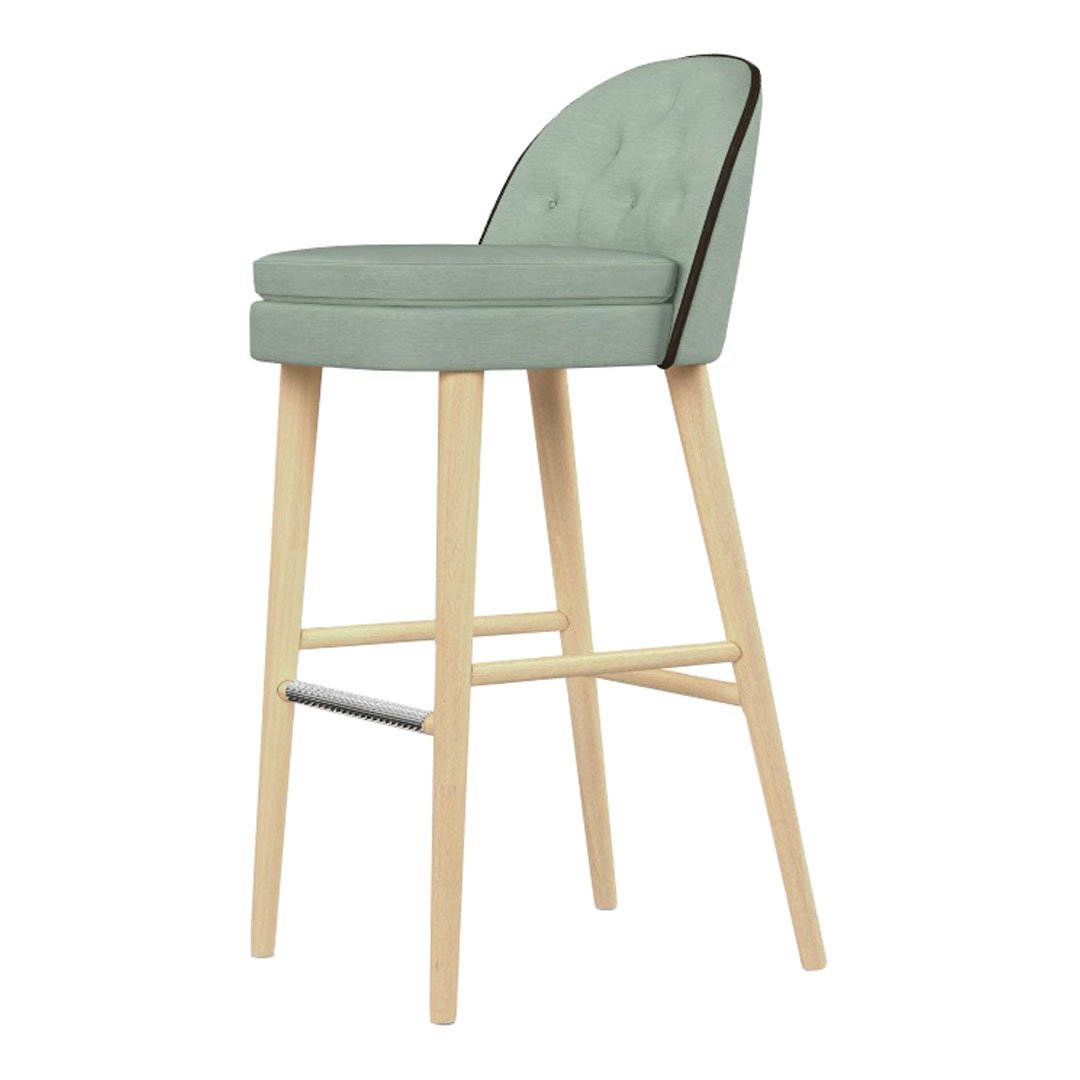 Mint green upholstered stool with tufted design and natural wood legs, featuring a sleek contemporary style.
