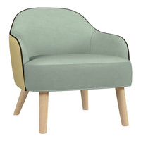 Light mint green chair with contrasting cream side panel and black trim, featuring natural wood legs.