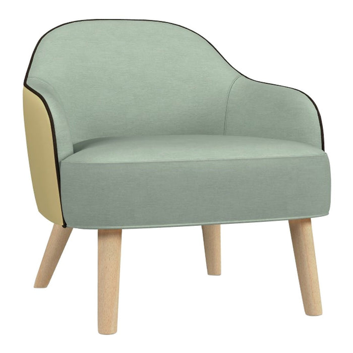 Light mint green chair with contrasting cream side panel and black trim, featuring natural wood legs.