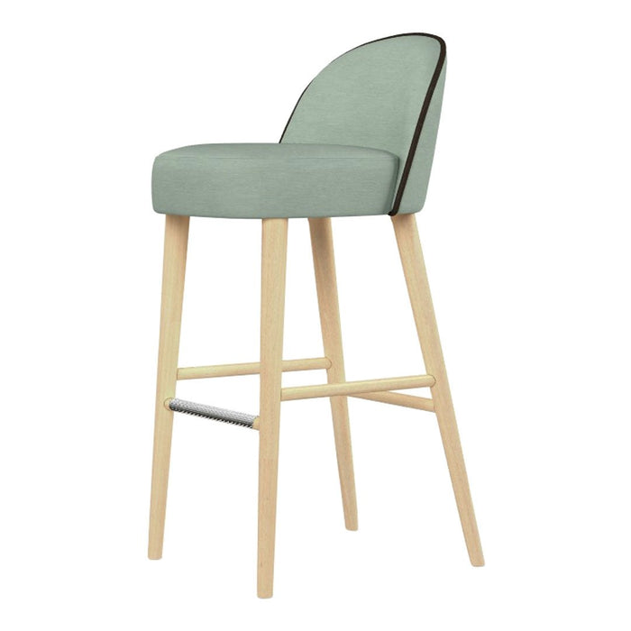 Mint green upholstered bar stool with a light wood frame and a smooth, minimalist design.