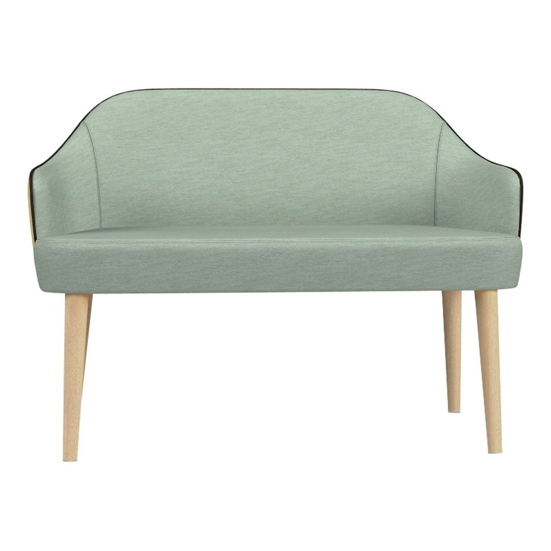 Mint green upholstered loveseat with natural wood legs and smooth, minimalist design. Ideal for modern decor.
