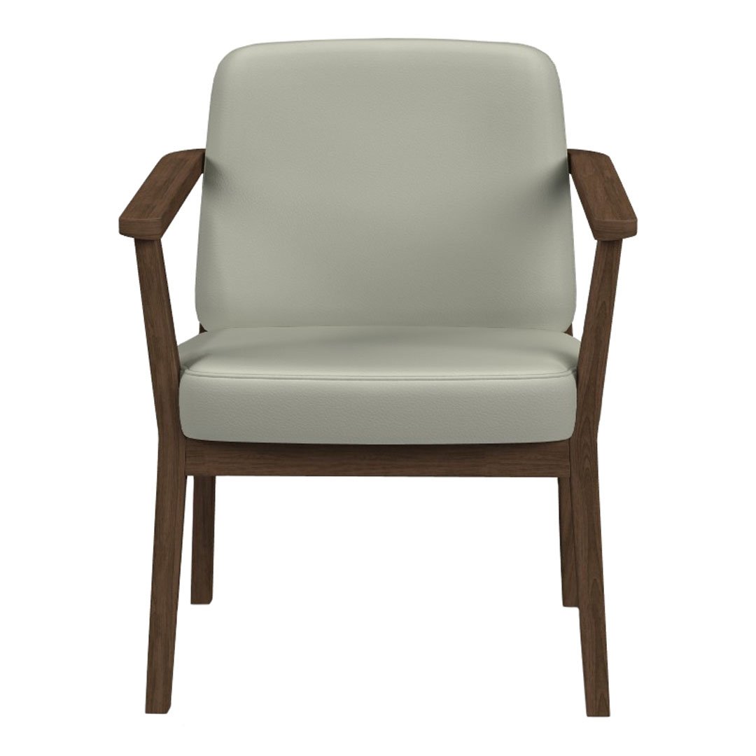 Light gray leather dining chair with dark wood armrests and a minimalist design. Perfect for modern decor.