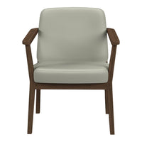 Light gray leather dining chair with dark wood armrests and a minimalist design. Perfect for modern decor.