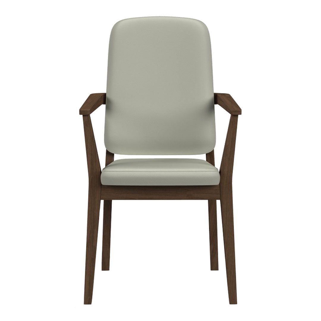 Light gray upholstered chair with dark wood arms and legs, featuring a sleek, minimalist design.