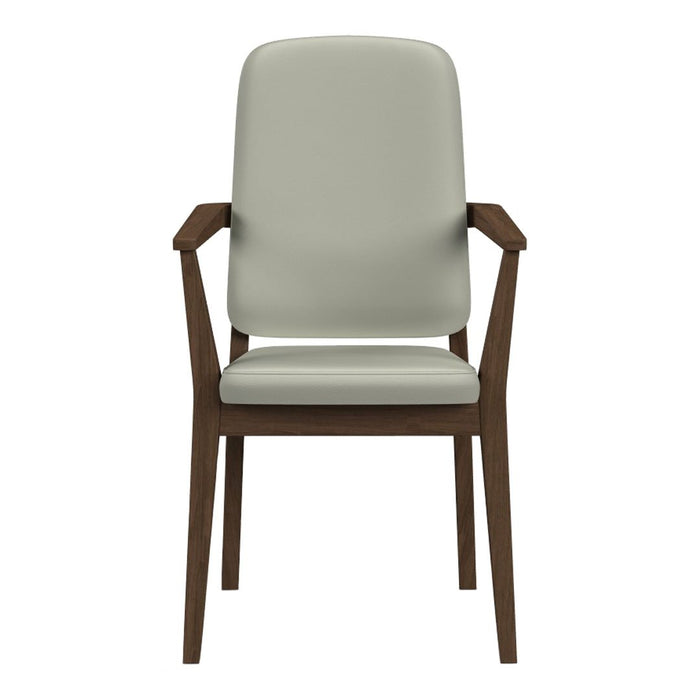 Light gray upholstered chair with dark wood arms and legs, featuring a sleek, minimalist design.