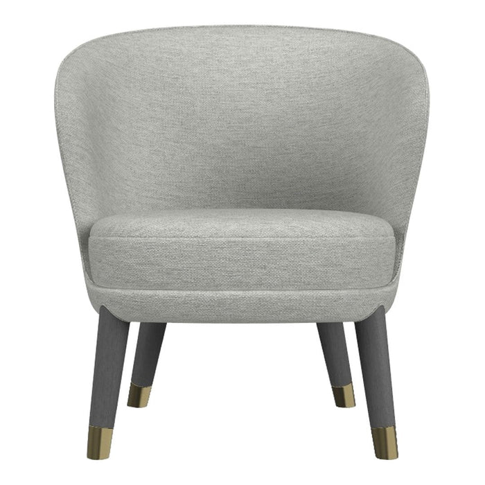 Light gray upholstered chair with sleek gray legs and gold accents, featuring a simple, modern design.