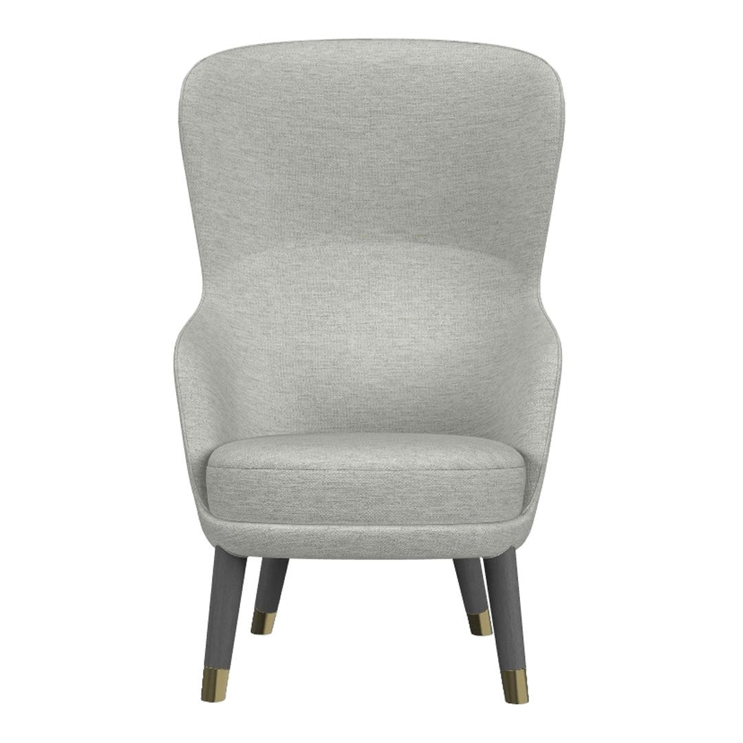 Gray high-back chair with smooth fabric, tapered wooden legs, and gold accents. Modern, minimalist design.