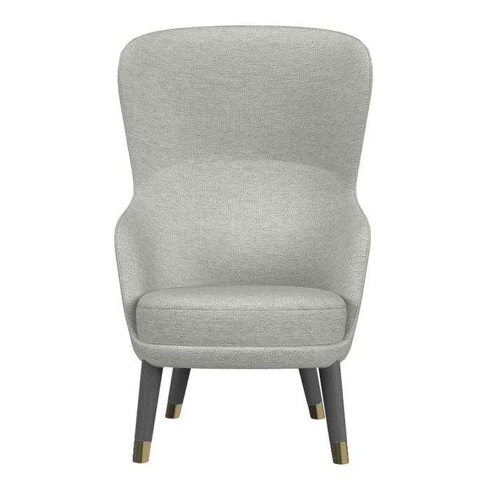Gray high-back chair with smooth fabric, tapered wooden legs, and gold accents. Modern, minimalist design.