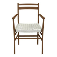 Brown wooden chair with a woven white seat, featuring a simple and modern design, perfect for any decor.