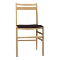 Natural wood chair with a light oak finish and a sleek black cushioned seat. Simple, modern design.