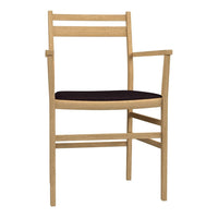 Wooden chair with a natural finish and dark brown upholstered seat, featuring a minimalist design and straight lines.