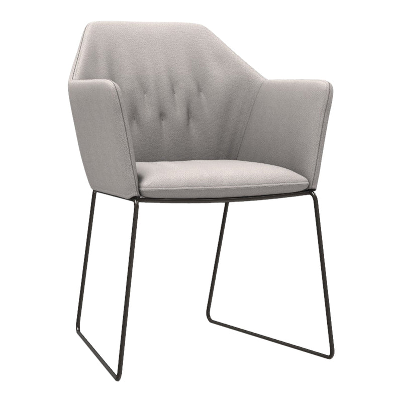 Light gray upholstered chair with tufted pattern and minimalist black metal legs. Modern and stylish design.