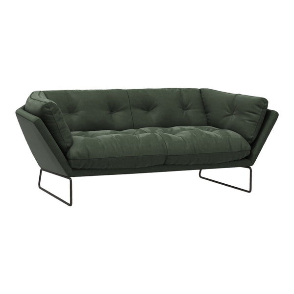 Stylish dark green tufted sofa with sleek black metal legs, perfect for modern living spaces.