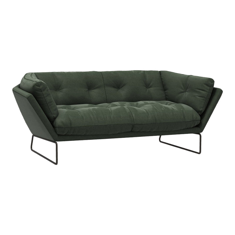 Stylish dark green tufted sofa with sleek black metal legs, perfect for modern living spaces.