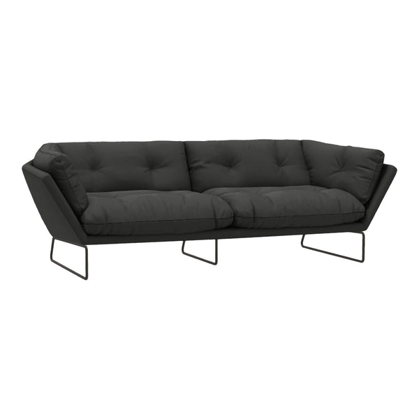 Stylish black sofa with tufted cushions and sleek metal legs, perfect for modern living spaces.