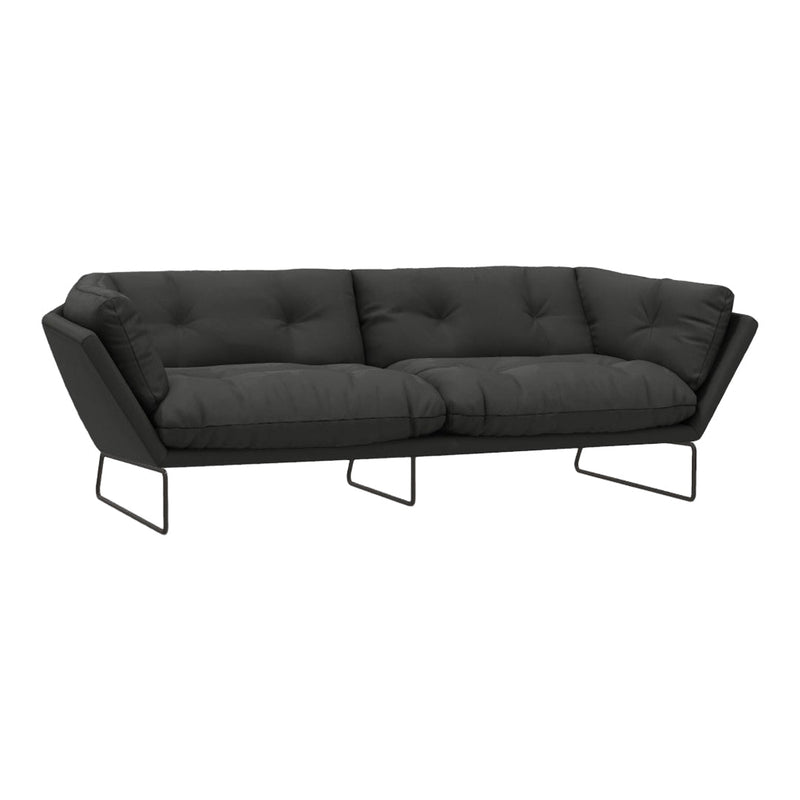 Stylish black sofa with tufted cushions and sleek metal legs, perfect for modern living spaces.
