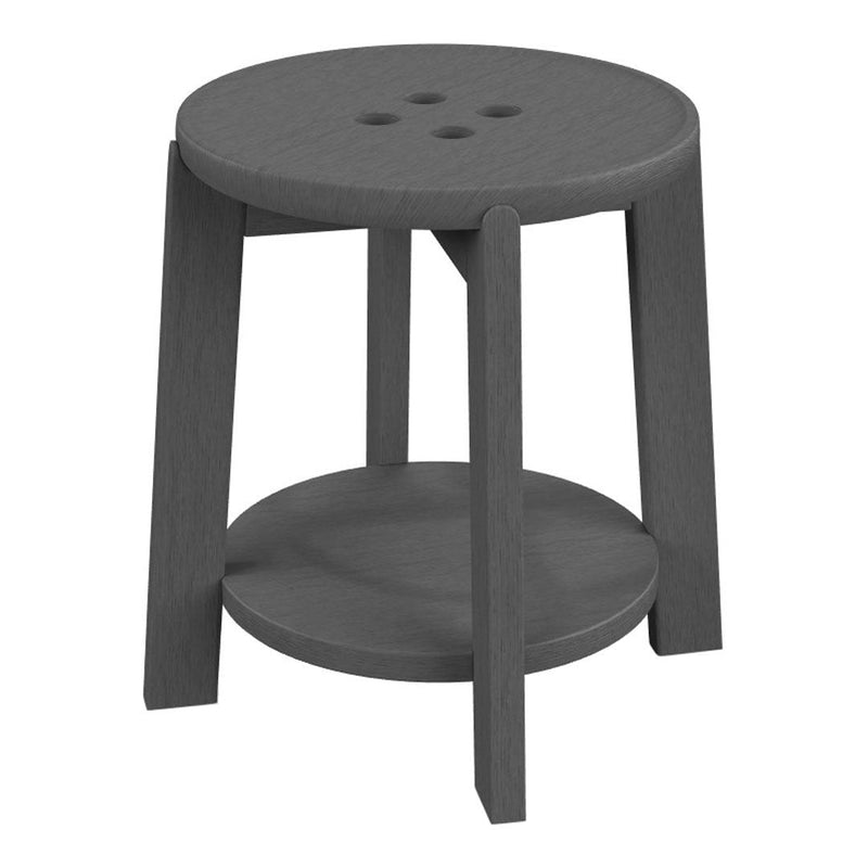 Gray wooden stool with a simple round top, three holes, and a lower shelf, featuring clean lines and a modern design.