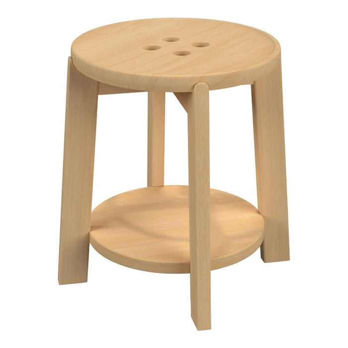 Natural wood stool with a smooth, light beige finish and a circular design featuring three holes on the top.