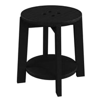 Black round stool with a smooth surface and simple design, featuring three holes and a lower shelf.