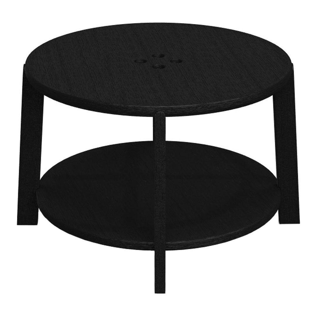 Black round coffee table with a textured finish and open shelf design. Modern style with a sleek, minimalist look.