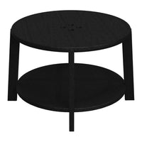 Black round coffee table with a textured finish and open shelf design. Modern style with a sleek, minimalist look.
