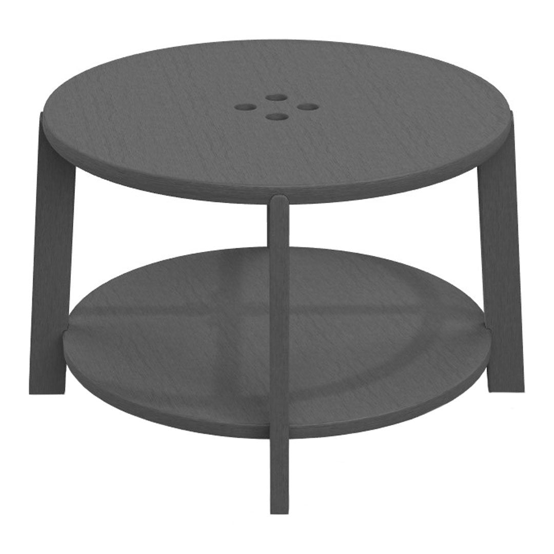 Gray round coffee table with a smooth surface and a minimalist design, featuring a lower shelf in matching color.