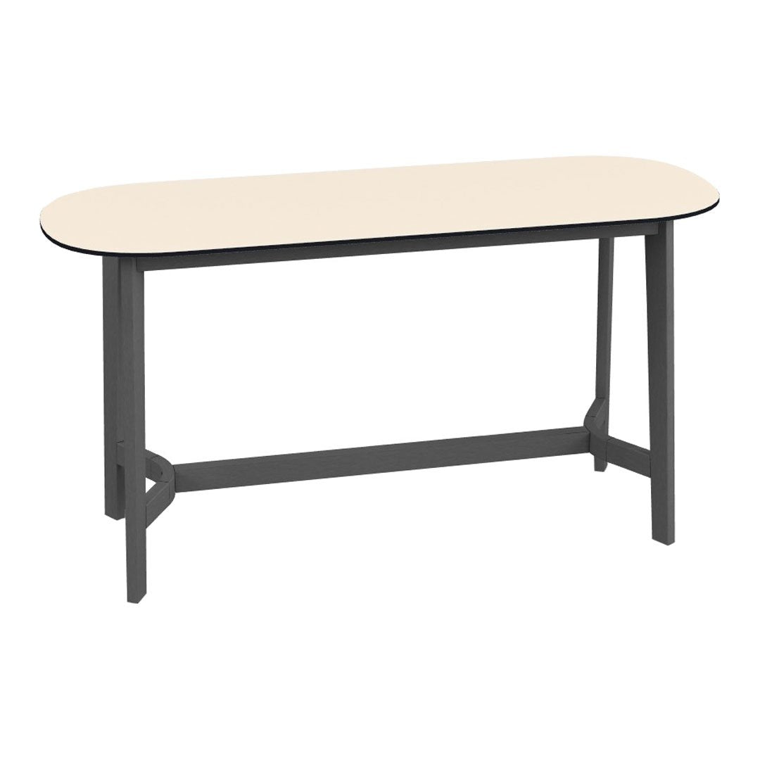 Light beige oval tabletop with sleek black edges, set on a sturdy gray base. Ideal for modern interiors.