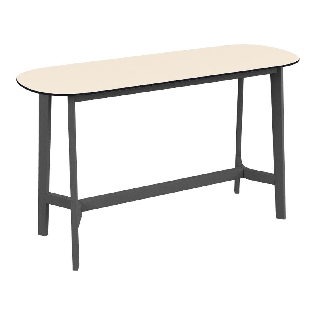 Light beige oval tabletop with black edging supported by gray wooden legs. Modern and minimalist design.