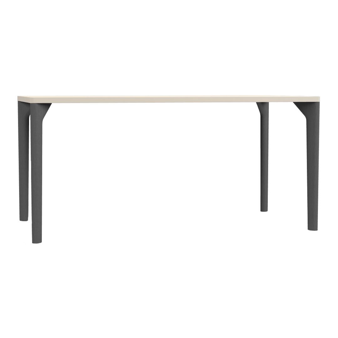 Minimalist dining table with a light beige top and sleek dark gray legs, complementing modern decor styles.