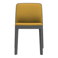 Yellow upholstered chair with a grey wooden frame, featuring a sleek and modern design. Perfect for any contemporary space.