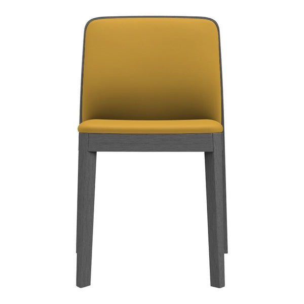 Yellow upholstered chair with a grey wooden frame, featuring a sleek and modern design. Perfect for any contemporary space.