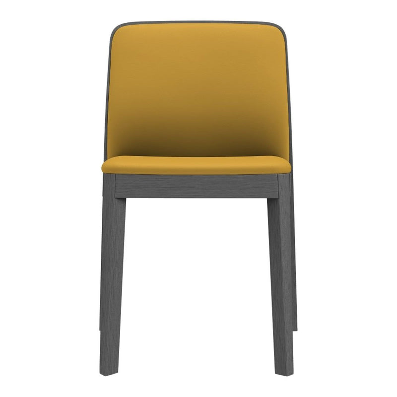 Yellow upholstered chair with a grey wooden frame, featuring a sleek and modern design. Perfect for any contemporary space.