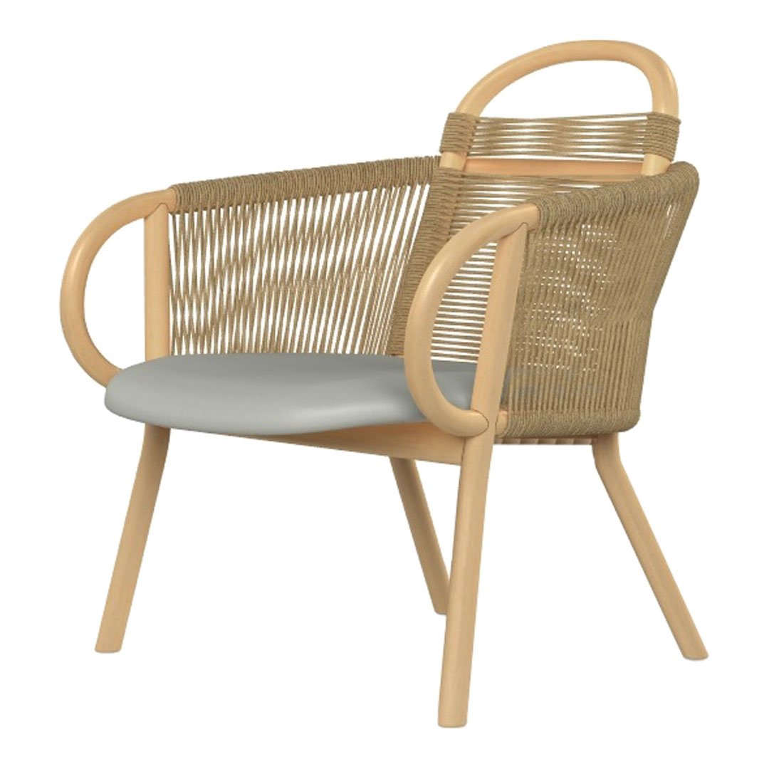 Modern chair with natural wood finish, woven light tan accents, and a soft gray seat cushion. Stylish and contemporary design.