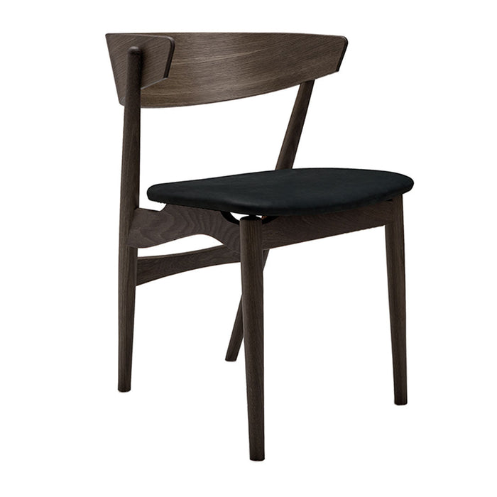 Dark wood chair with a sleek design, featuring a black upholstered seat and a minimalist pattern. Perfect for modern decor.