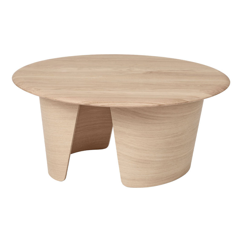 Light wood coffee table with a smooth, natural finish and an elegant round shape. Minimalistic design with no patterns.