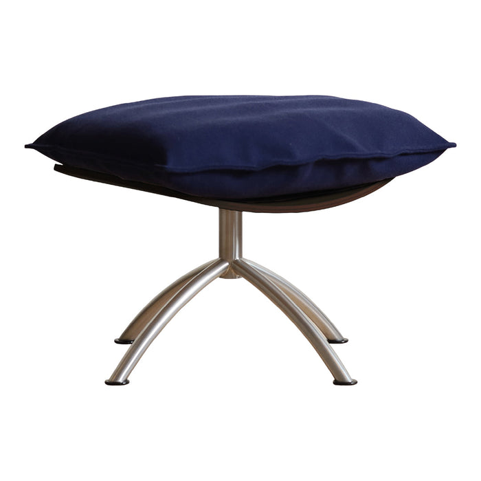Navy blue cushioned ottoman with a sleek metal base and minimalist design. Perfect for modern decor.