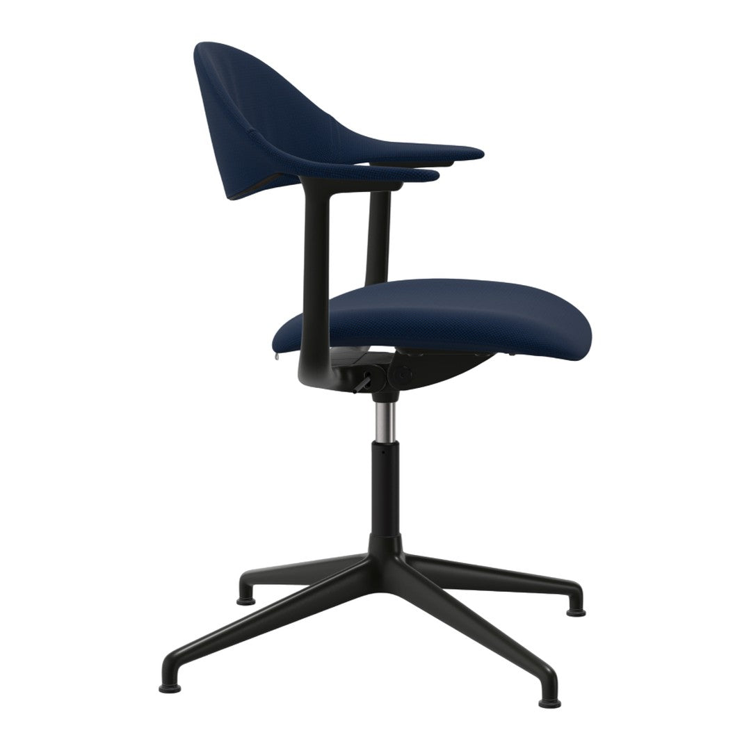 Navy blue chair with textured upholstery and a sleek black base for a modern aesthetic.
